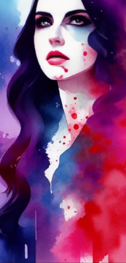 Vibrant artistic watercolor portrait of a woman with bold colors.