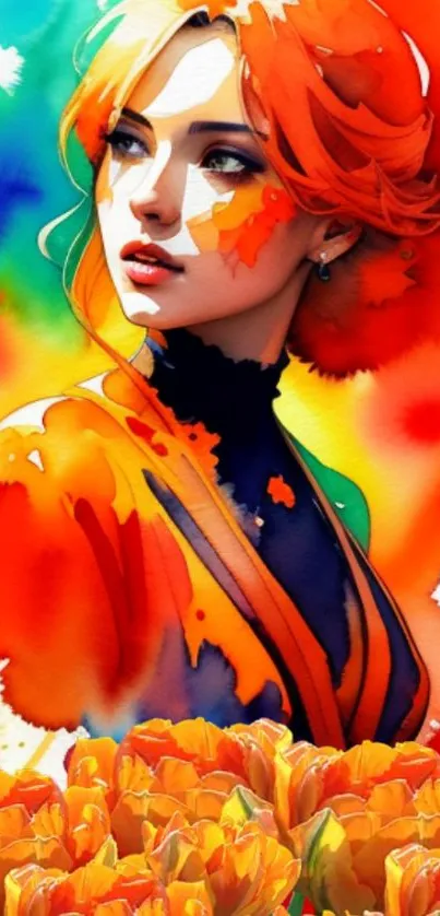 Vibrant portrait of a woman with flowers in orange and multicolor tones.