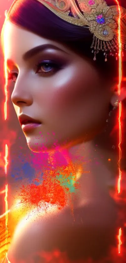 Vibrant artistic portrait of a woman with fiery and colorful background.