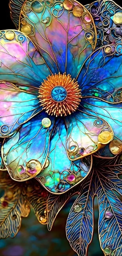 Intricate vibrant floral design with blue and gold hues.