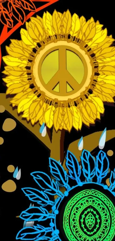Artistic digital wallpaper with colorful sunflowers and peace symbols.