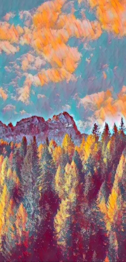 Vibrant artistic forest with autumn colors and mountain view.