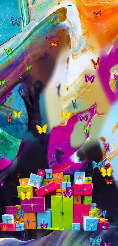 Colorful wallpaper with gift boxes and butterflies.