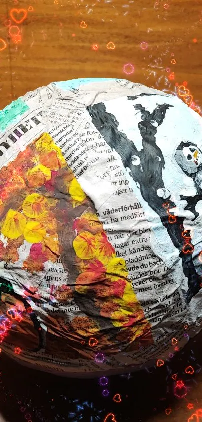 Artistic globe wallpaper with newspaper collage and vibrant colors.