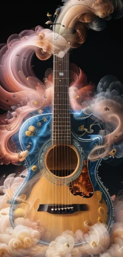 Artistic guitar with swirling clouds wallpaper.