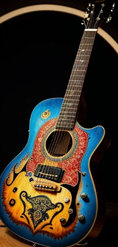 Colorful guitar with artistic design on mobile wallpaper.