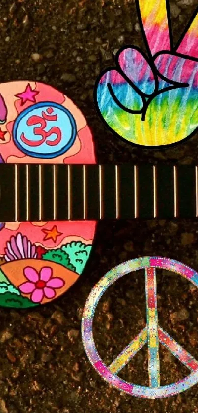 Colorful guitar with peace symbols on a rustic background.