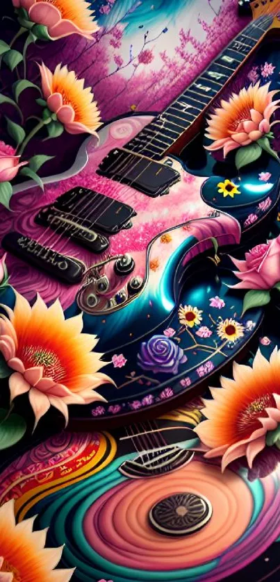 Artistic guitar with vibrant flowers and colorful design.