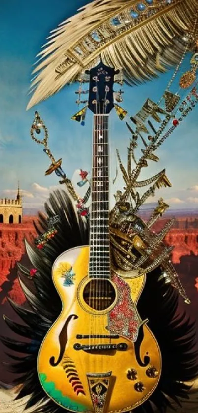 A decorative guitar with feathers and intricate embellishments.