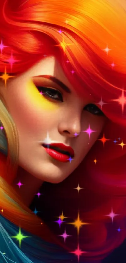 Artistic woman with vibrant, colorful flowing hair in vivid orange hues.