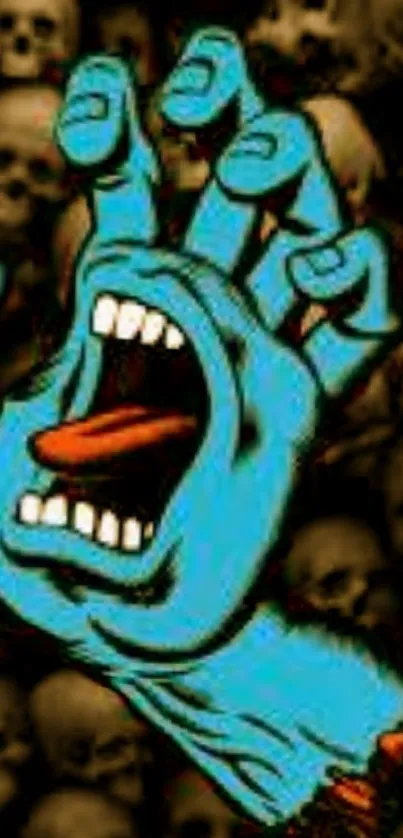 Blue hand art with skull background.