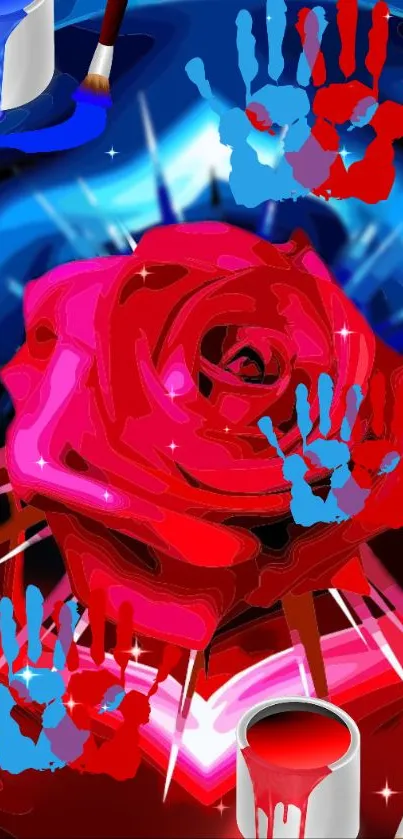 Bold red rose with blue and red handprints on colorful wallpaper.