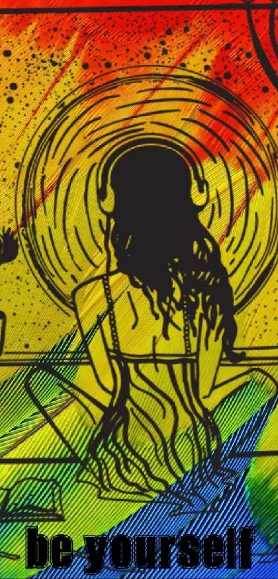 Colorful abstract art with silhouette and 'be yourself' text.