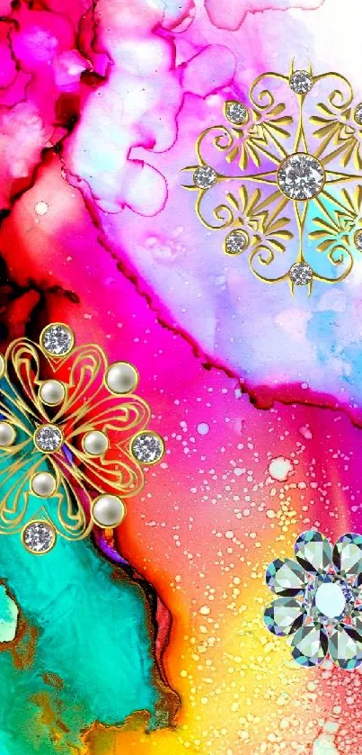 Colorful artistic wallpaper with jewels and vibrant design.