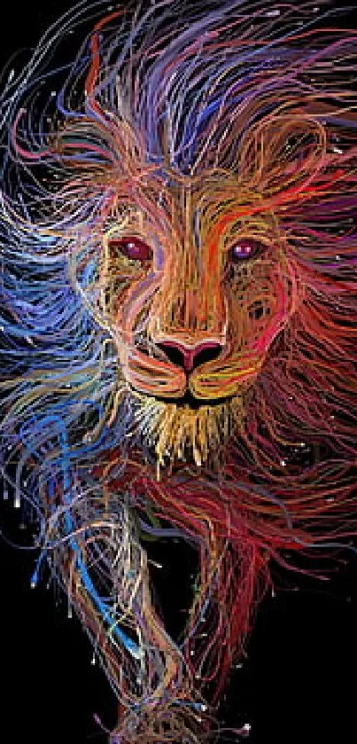 Artistic lion design with vibrant colors on a black phone wallpaper background.