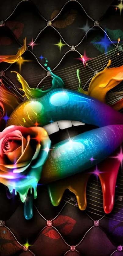 Colorful artistic lips with paint drips and rose on black background.