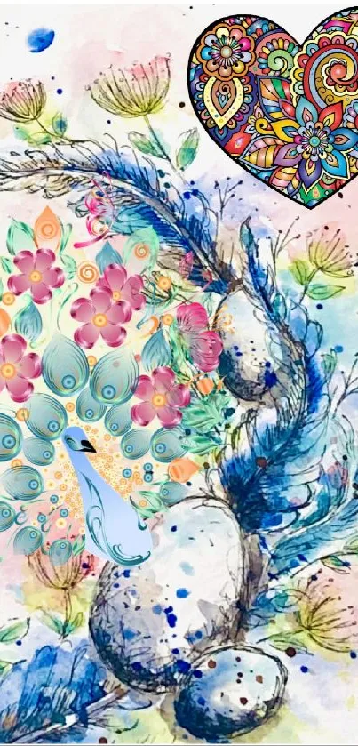 Vibrant art with heart, flowers, and feathers, colorful and abstract.