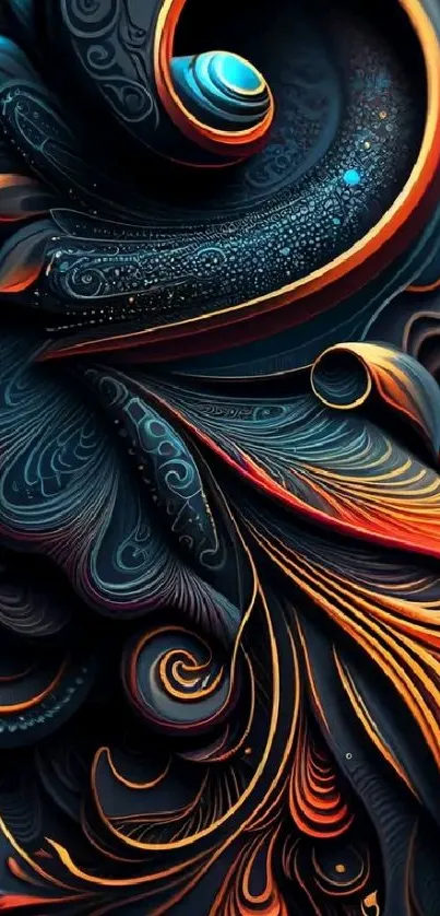 Vibrant mobile wallpaper with intricate blue and orange swirls.