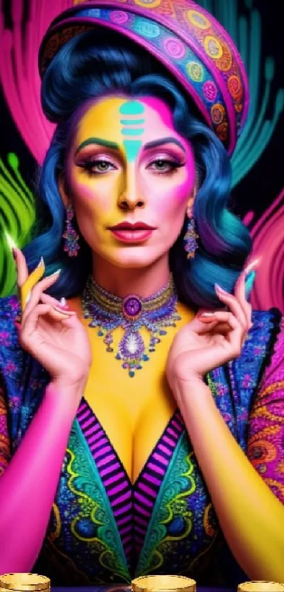 Colorful artistic portrait with neon hues and intricate patterns.