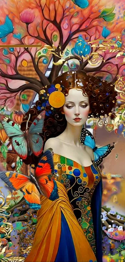 Vibrant artistic wallpaper with butterflies and fantasy elements in bright colors.