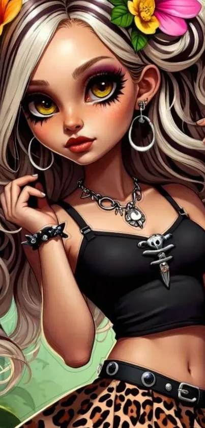 Vibrant anime character with flowers and jewelry