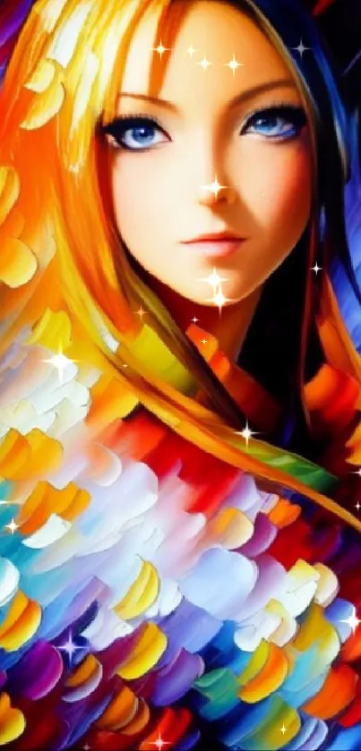 A vibrant, colorful illustration of a woman's face on a phone wallpaper.