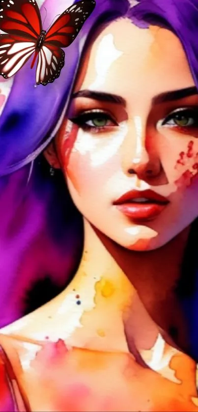 Vibrant artistic portrait wallpaper with purple and red hues.