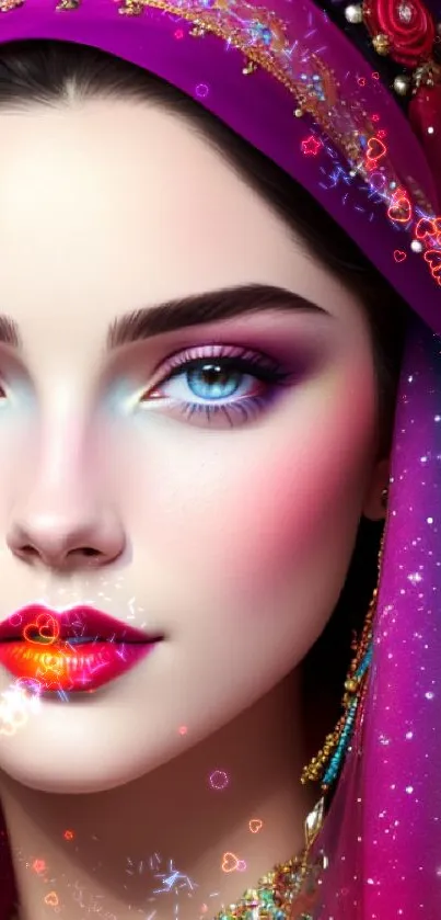 Vibrant digital portrait with colorful makeup and accessorized headwear.