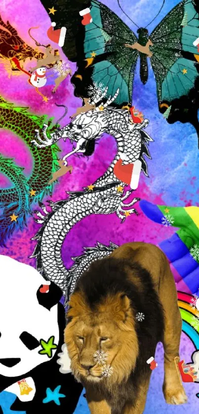 Vibrant phone wallpaper with dragon, lion, panda, butterfly, and rainbow.