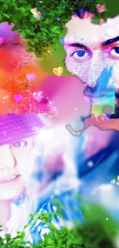 Vibrant wallpaper with colorful art and expressive eyes.