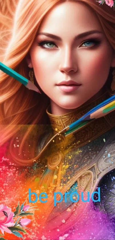 Artistic mobile wallpaper with vibrant colors and a majestic woman's portrait.