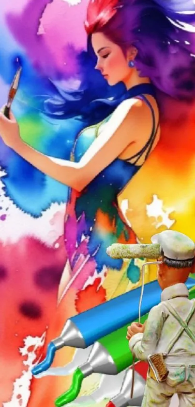 A vibrant and colorful illustration featuring a woman artist in action.