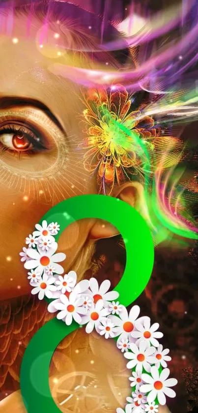 Surreal portrait with floral and dynamic colorful elements in a vibrant design.