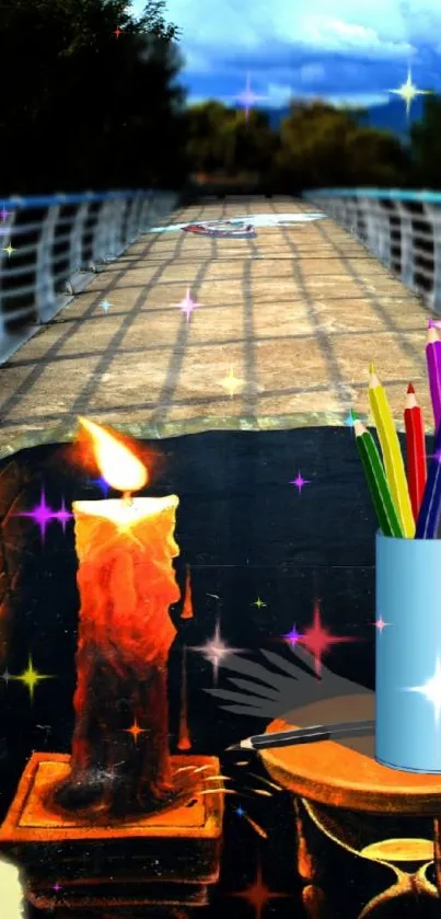 Vibrant mobile wallpaper with candle and pencils on a scenic bridge.