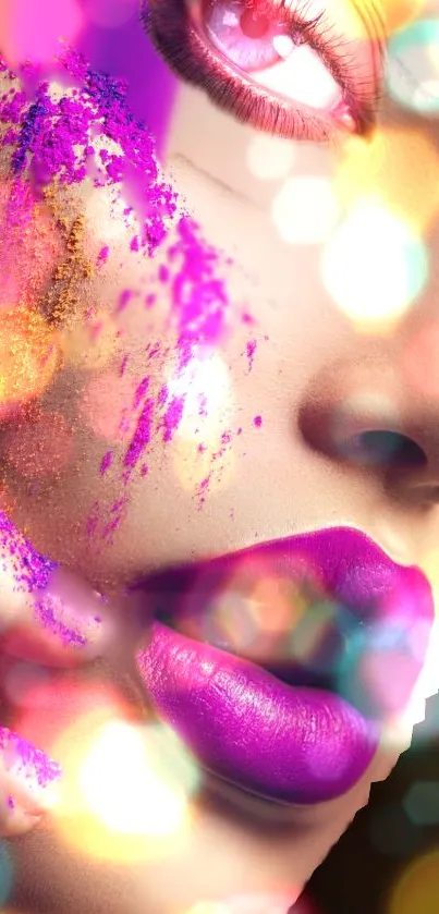 Colorful abstract face art with vibrant magenta and golden hues.