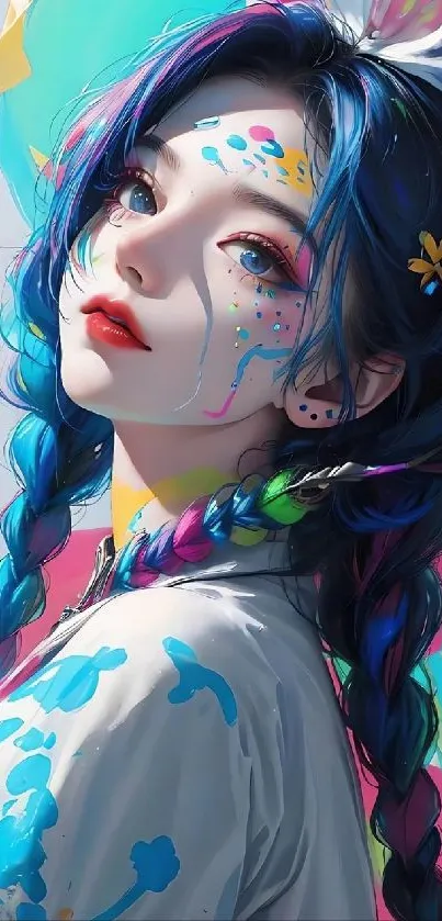 Vibrant anime portrait with colorful splashes and detailed design.