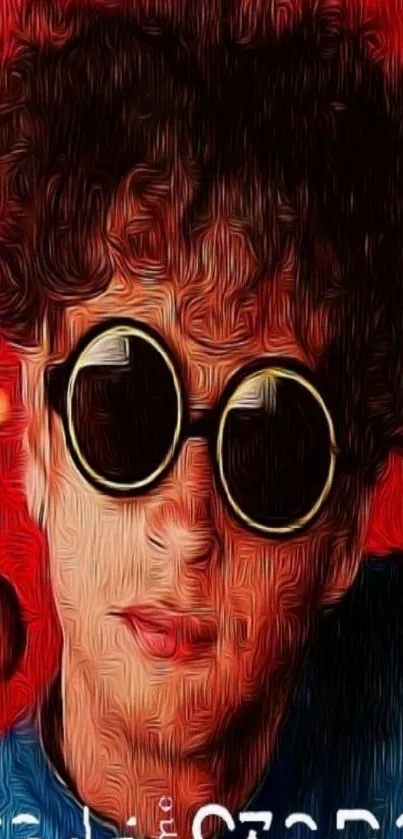 Artistic wallpaper featuring a person with round glasses on a vibrant red background.