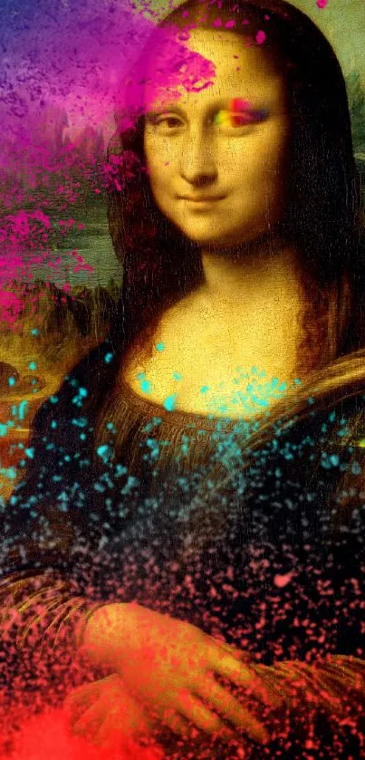 Colorful splash art Mona Lisa mobile wallpaper.