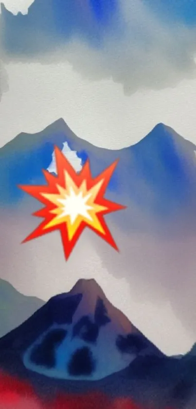 Artistic mountain wallpaper with vibrant explosion and serene blue hues.