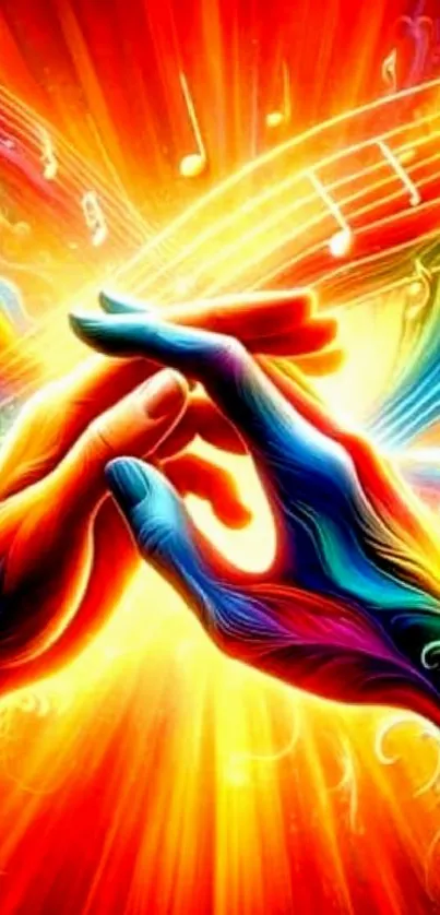 Colorful hands with music notes in vibrant rainbow.