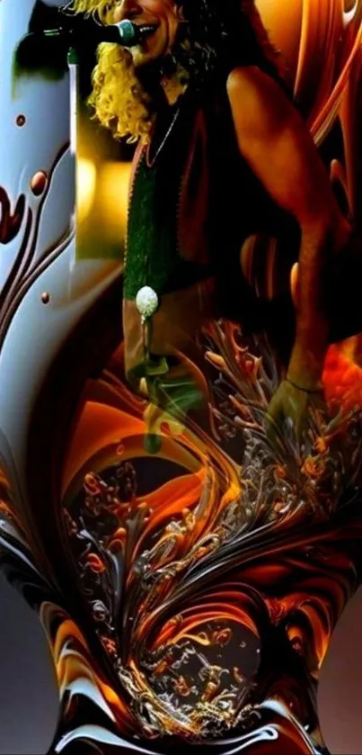 Artistic wallpaper with swirling colors and musician.