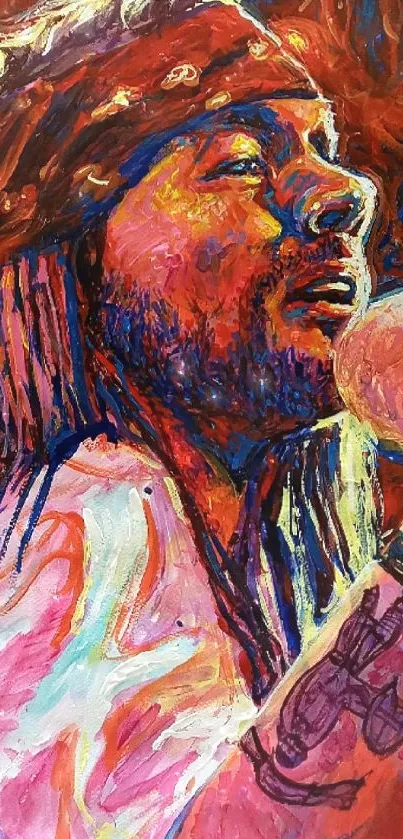 Colorful painting of a passionate musician in vibrant hues.