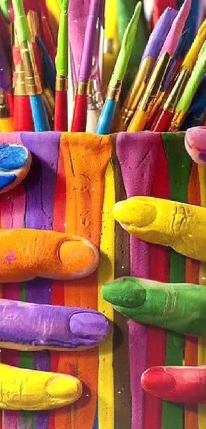 Colorful painted hands holding brushes in vibrant wallpaper.