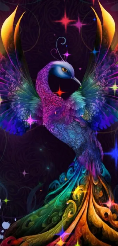 Vibrant peacock art wallpaper with colorful feathers.