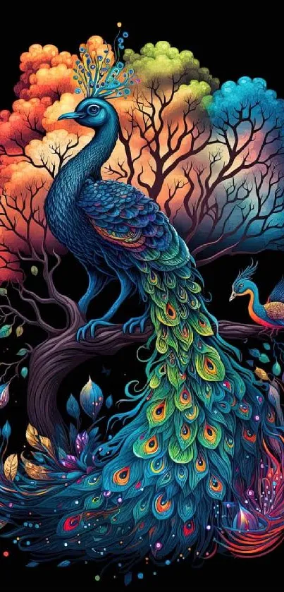 Vibrant peacock design with colorful feathers and trees on black background.