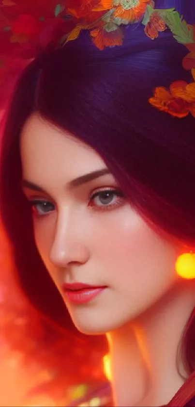 Vibrant portrait of a woman with floral accents and rich red tones.