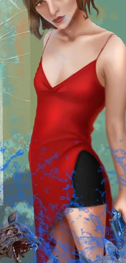 Woman in a red dress with blue splashes and artistic background.