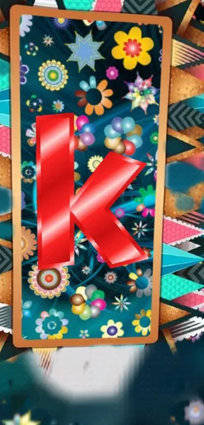 Vibrant floral and geometric phone wallpaper with bold red letter K.