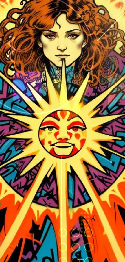 Artistic phone wallpaper with vibrant sunburst and portrait.