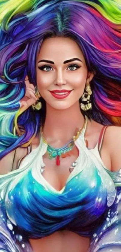 A vibrant fantasy art portrait with multicolored hair and intricate details.